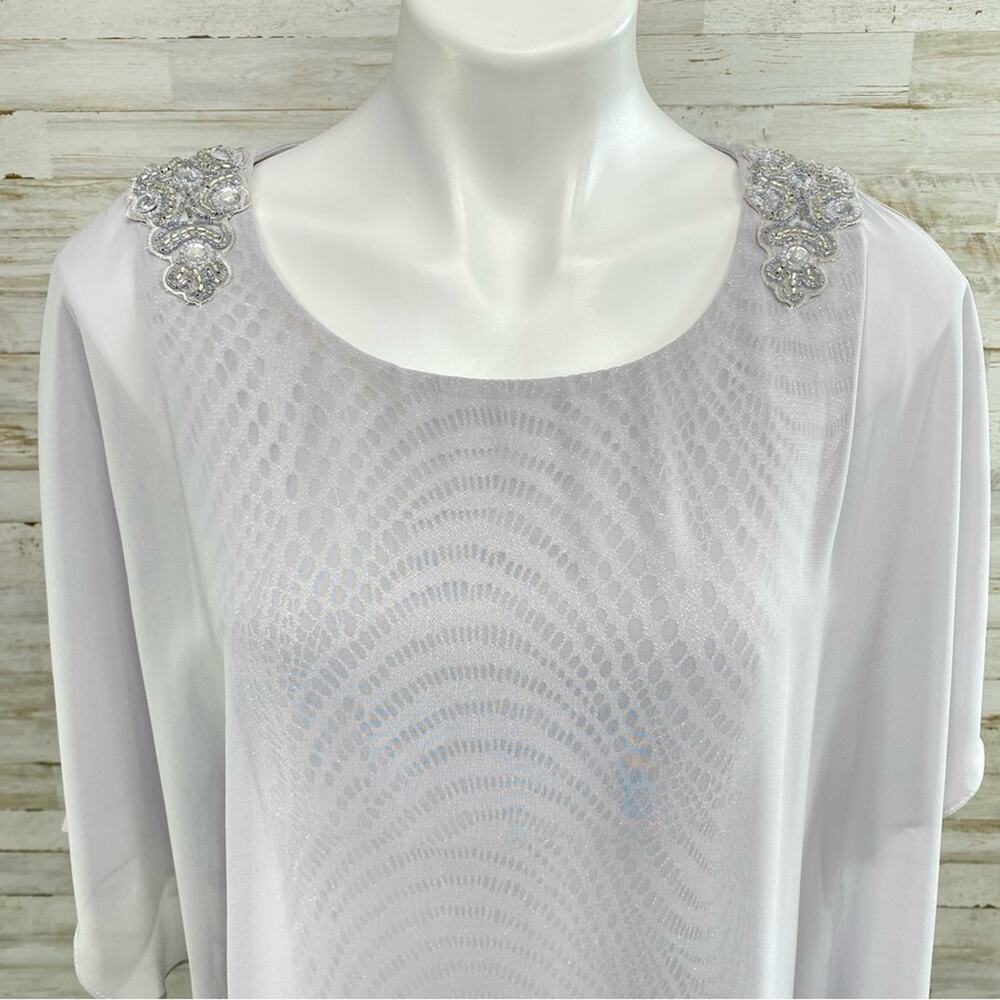 R&M Richards Crochet Metallic Chiffon Cape Overlay Dress Womens Size 6 Gray - Picture 2 of 15